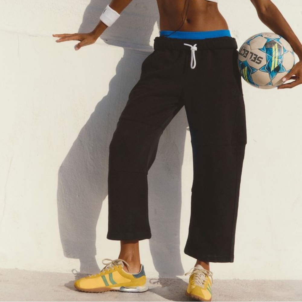 FP Movement by Free People Black Wide-Leg Sweatpants with Blue Waistband